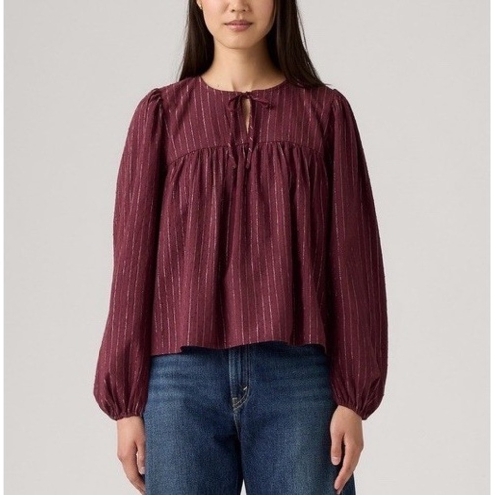 New Levi's Josephine Burgundy Tie Neck Puff Long Sleeve Blouse Women's Large
